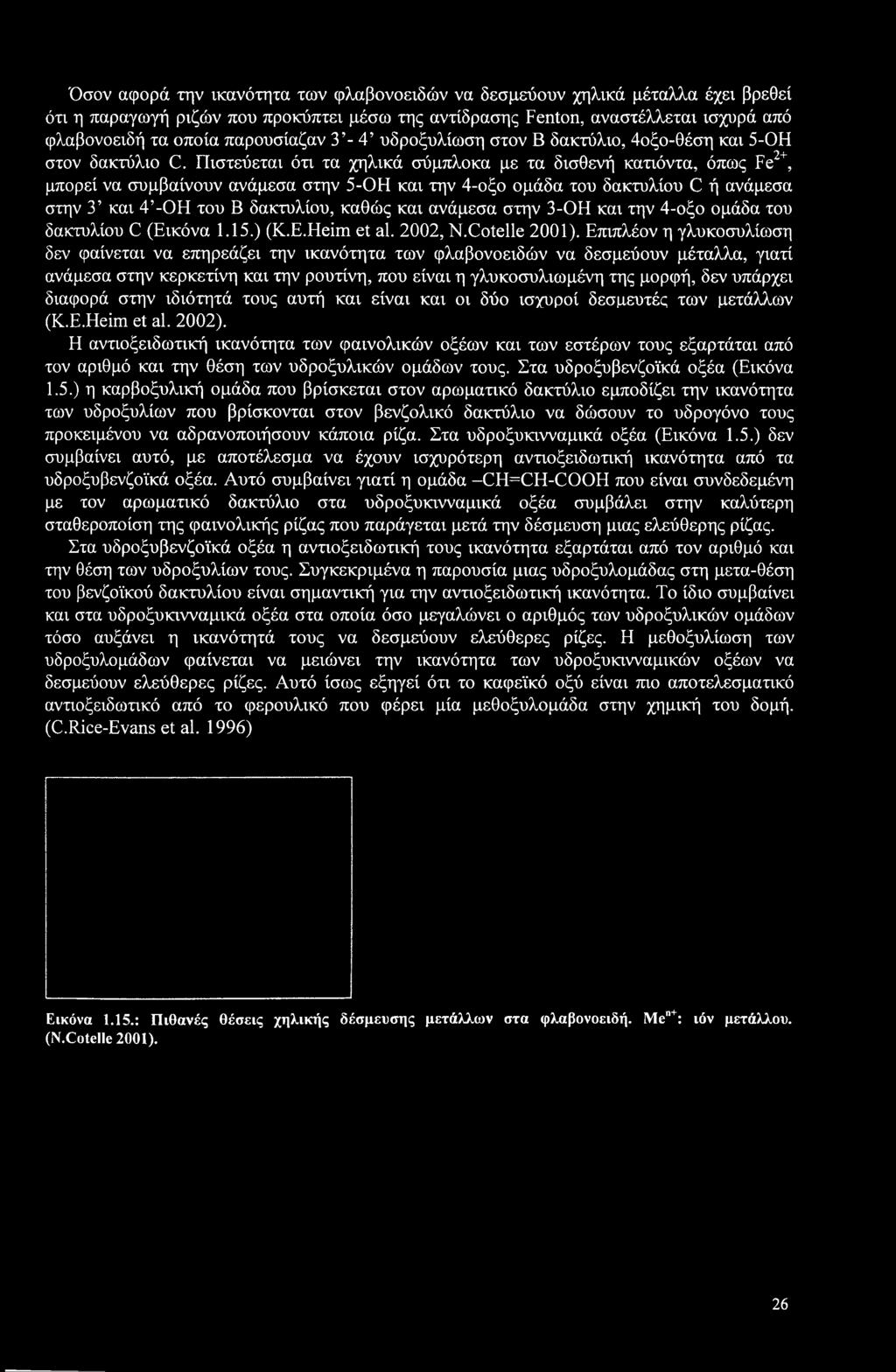 Πιστεύεται ότι τα χηλικά σύμπλοκα με τα δισθενή κατιόντα, όπως Fe2+, μπορεί να συμβαίνουν ανάμεσα στην 5-ΟΗ και την 4-οξο ομάδα του δακτυλίου C ή ανάμεσα στην 3 και 4 -ΟΗ του Β δακτυλίου, καθώς και
