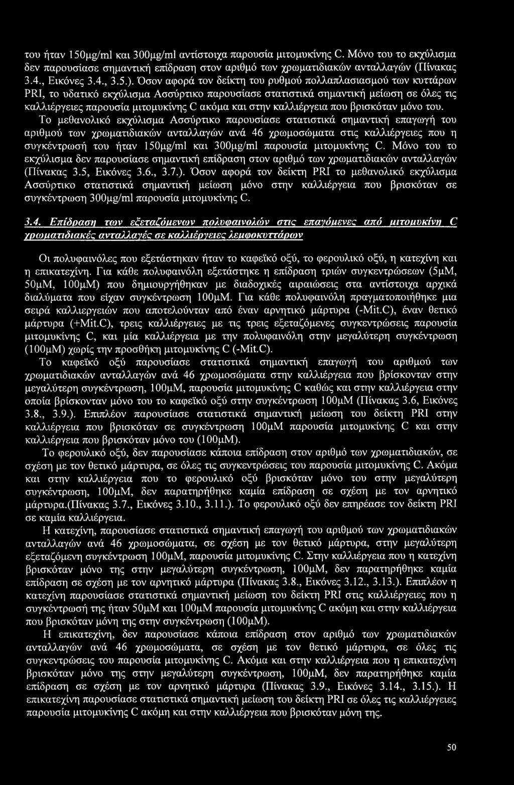 του ήταν 150μμ/ιπ1 και 300gg/ml αντίστοιχα παρουσία μιτομυκίνης C. Μόνο του το εκχύλισμα δεν παρουσίασε σημαντική επίδραση στον αριθμό των χρωματιδιακών ανταλλαγών (Πίνακας 3.4., Εικόνες 3.4., 3.5.).