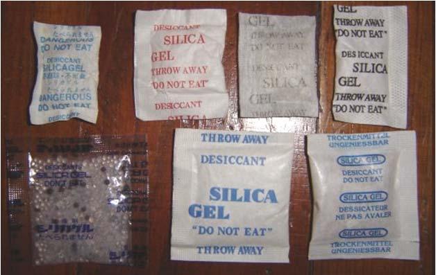 Προσροφητικά Μέσα: Silica Gel Παρασκευή: διάλυμα πυριτικού νατρίου οξινίζεται και παράγεται ένα ζελατινώδες κατακρήμνισμα το οποίο, αφού πλυθεί και αφυδατωθεί, παράγει το άχρωμο silica gel.