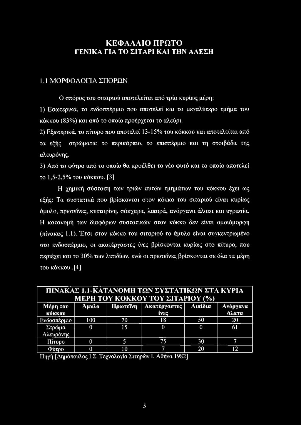 2) Εξωτερικά, το πίτυρο που αποτελεί 13-15% του κόκκου και αποτελείται από τα εξής στρώματα: το περικάρπιο, το επισπέρμιο και τη στοιβάδα της αλευρόνης.