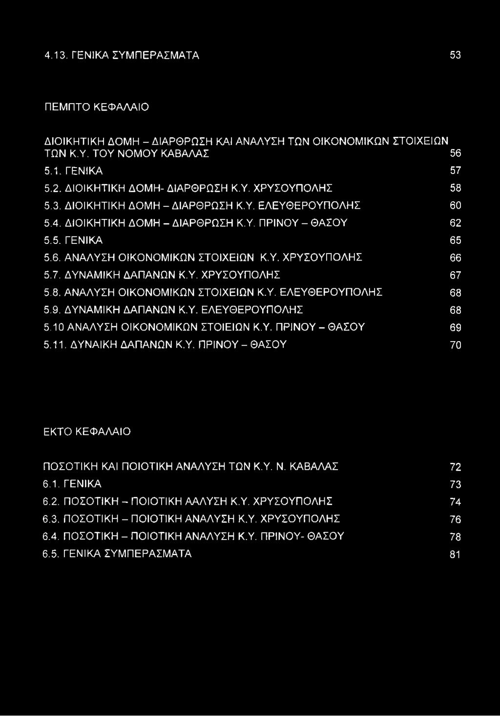 ΔΥΝΑΜΙΚΗ ΔΑΠΑΝΩΝ Κ.Υ. ΧΡΥΣΟΥΠΟΛΗΣ 67 5.8. ΑΝΑΛΥΣΗ ΟΙΚΟΝΟΜΙΚΩΝ ΣΤΟΙΧΕΙΩΝ Κ.Υ. ΕΛΕΥΘΕΡΟΥΠΟΛΗΣ 68 5.9. ΔΥΝΑΜΙΚΗ ΔΑΠΑΝΩΝ Κ.Υ. ΕΛΕΥΘΕΡΟΥΠΟΛΗΣ 68 5.10 ΑΝΑΛΥΣΗ ΟΙΚΟΝΟΜΙΚΩΝ ΣΤΟΙΕΙΩΝ Κ.Υ. ΠΡΙΝΟΥ - ΘΑΣΟΥ 69 5.