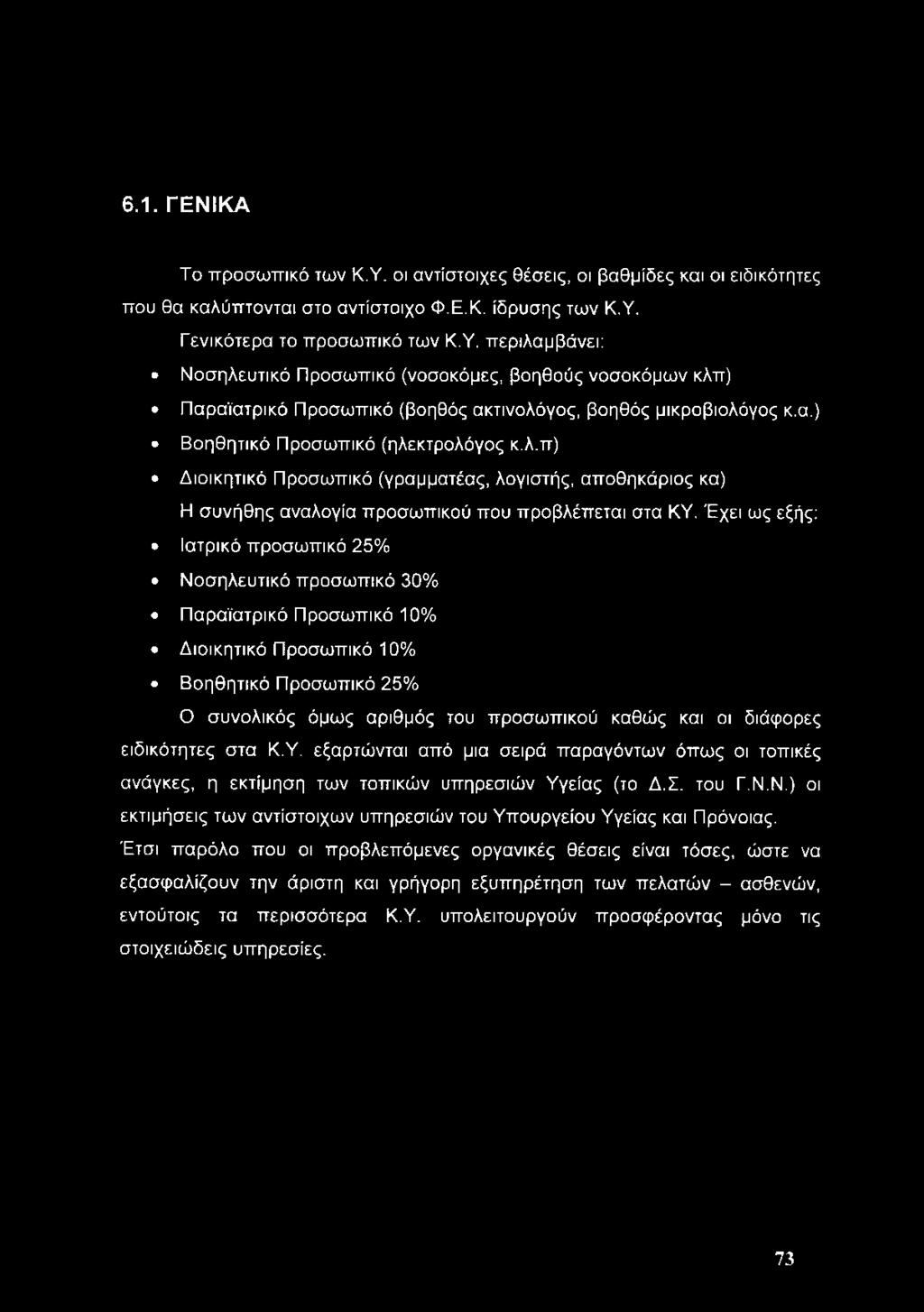 6.1. ΓΕΝΙΚΑ Το προσωπικό των Κ.Υ. οι αντίστοιχες θέσεις, οι βαθμίδες και οι ειδικότητες που θα καλύπτονται στο αντίστοιχο Φ.Ε.Κ. ίδρυσης των Κ.Υ. Γενικότερα το προσωπικό των Κ.Υ. περιλαμβάνει: Νοσηλευτικό Προσωπικό (νοσοκόμες, βοηθούς νοσοκόμων κλπ) Παραϊατρικό Προσωπικό (βοηθός ακτινολόγος, βοηθός μικροβιολόγος κ.