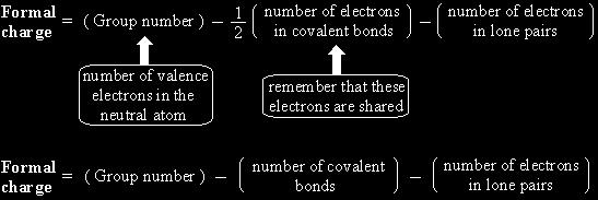 F=Z-S/2-U Where F is the formal charge, Z is the group numbers, S equals the number of shared electrons, and U is the equals the number of unshared electrons.