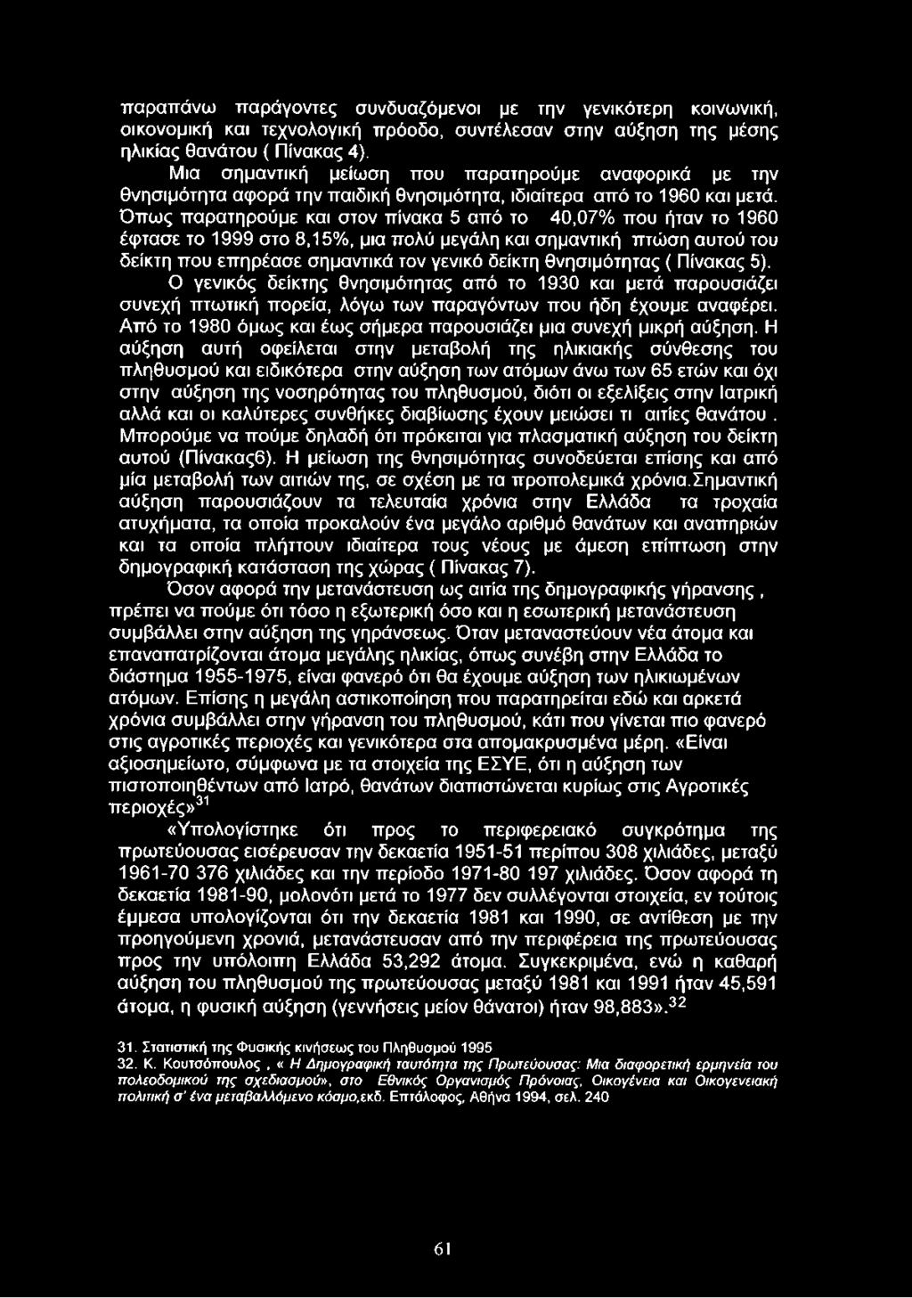 παραπάνω παράγοντες συνδυαζόμενοι με την γενικότερη κοινωνική, οικονομική και τεχνολογική πρόοδο, συντέλεσαν στην αύξηση της μέσης ηλικίας θανάτου ( Πίνακας 4).