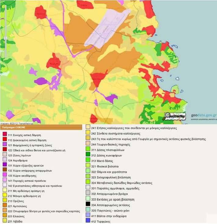 Γενική εικόνα των χρήσεων γης στο αστικό αλλά και στο έξωαστικό περιβάλλον Χάρτης χρήσεων γης στην περιοχή Μαρκόπουλου Πηγή : http://geodata.gov.