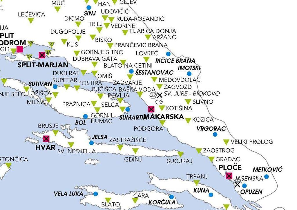 Slika 2.6. Položaj meteoroloških postaja u okolici zahvata Dnevne i srednje mjesečne temperature tijekom cijele godine su pozitivne, 77% dana je temperatura veća od 10 C, a 30% dana veća od 25 C.