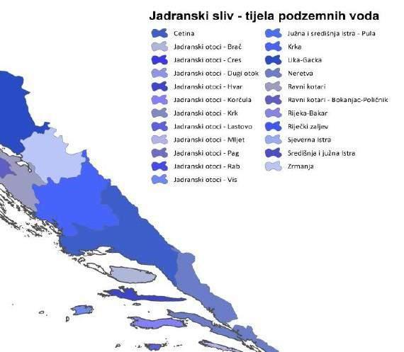 Slika 2.19. Isječak Pregledne karte tijela podzemne vode na jadranskom vodnom području Tablica 2.11.