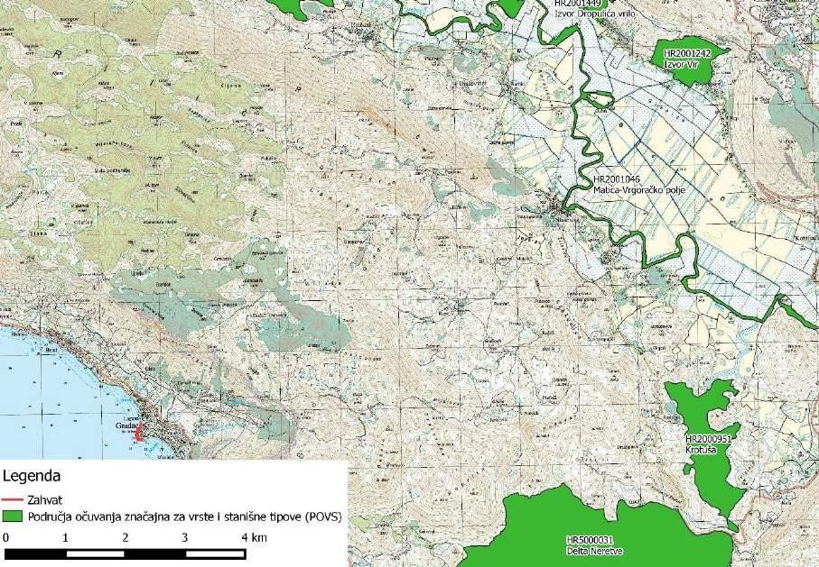 HR2001242 Izvor Vir 10500 POP PODRUČJA HR1000030 Biokovo i Rilić 680 HR1000031 Delta Neretve 5700 S obzirom na karakter zahvata, odnosno mogući utjecaj u pravilu na priobalni i morski dio područja