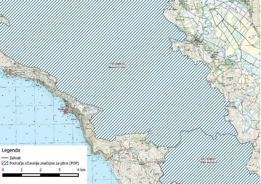 Slika 2.25. Područja ekološke mreže važna za ptice u odnosu na predmetni zahvat Područje očuvanja značajno za ptice Biokovo i Rilić (HR1000030) površina 37.