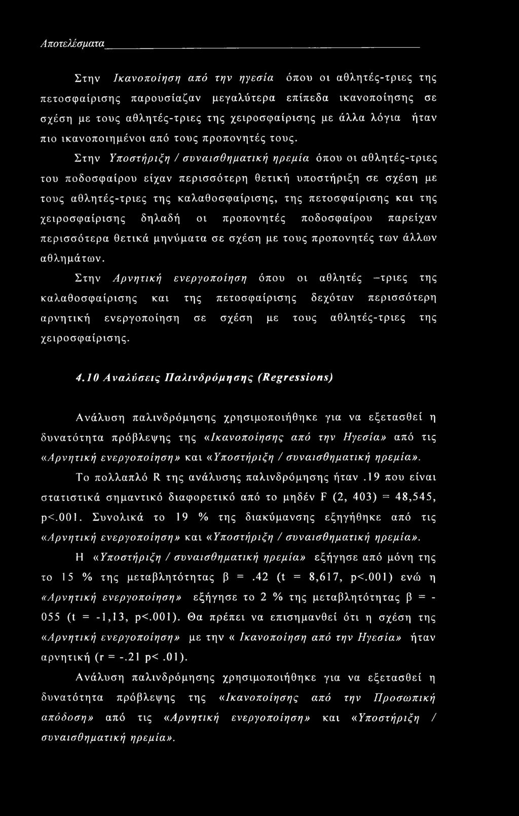 Στην Υποστήριξη / συναισθηματική ηρεμία όπου οι αθλητές-τριες του ποδοσφαίρου είχαν περισσότερη θετική υποστήριξη σε σχέση με τους αθλητές-τριες της καλαθοσφαίρισης, της πετοσφαίρισης και της