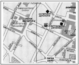 Β. Σηνλ παξαθάησ πνιενδνκηθό ράξηε λα πξνζδηνξίζεηε ηελ απόιπηε ζέζε ηνπ θηεξίνπ ηνπ ΟΤΔ θαη ηε ζρεηηθή ζέζε σο πξνο ην θηήξην ηεο Παηδαγσγηθήο Αθαδεκίαο, κε βάζε ηνλ πξνζαλαηνιηζκό ηεο ππμίδαο.