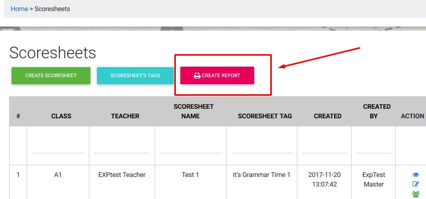 Δημιουργώντας όλα τα επιθυμητά Scoresheet μπορείτε να τα εκτυπώσετε συγκεντρωτικά, δημιουργώντας τον Έλεγχο Προόδου των μαθητών σας. Επιλέξτε Create Report.