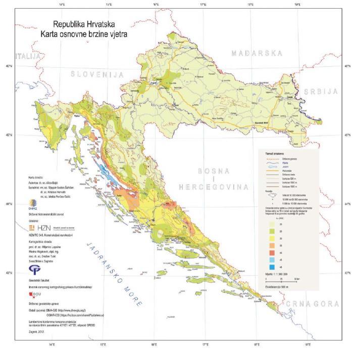 Slika 4.4 Karta osnovne brzine vjetra za Republiku Hrvatsku (HRN EN 1991-1-4) Područje vref,10min (m/s) I. 22,0 II. 30,0 III. 35,0 IV. 40,0 V. 50,0 Tablica 4.