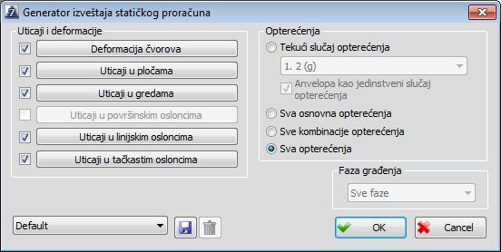 Tekstualni izveštaj za površinska opterećenja - wizard Generisanje tekstualnog izveštaja o sprovedenom statičkom proračunu Izgled dijaloga za generisanje