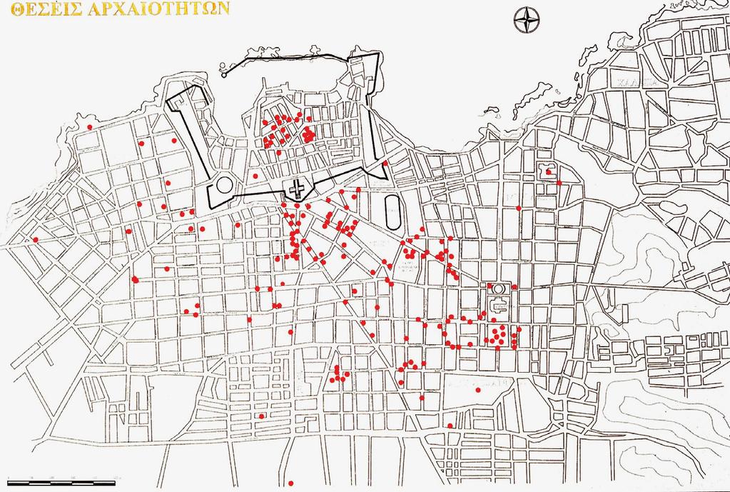 ΚΕ' ΕΦΟΡΕΙΑ ΠΡΟÏΣΤΟΡΙΚΩΝ ΚΑΙ ΚΛΑΣΙΚΩΝ ΑΡΧΑΙΟΤΗΤΩΝ Εικ. 1. Χάρτης της πόλης των Χανίων. Με κόκκινες στιγμές δηλώνο - νται οι θέσεις με ανεσκαμμένες αρχαιό τητες.