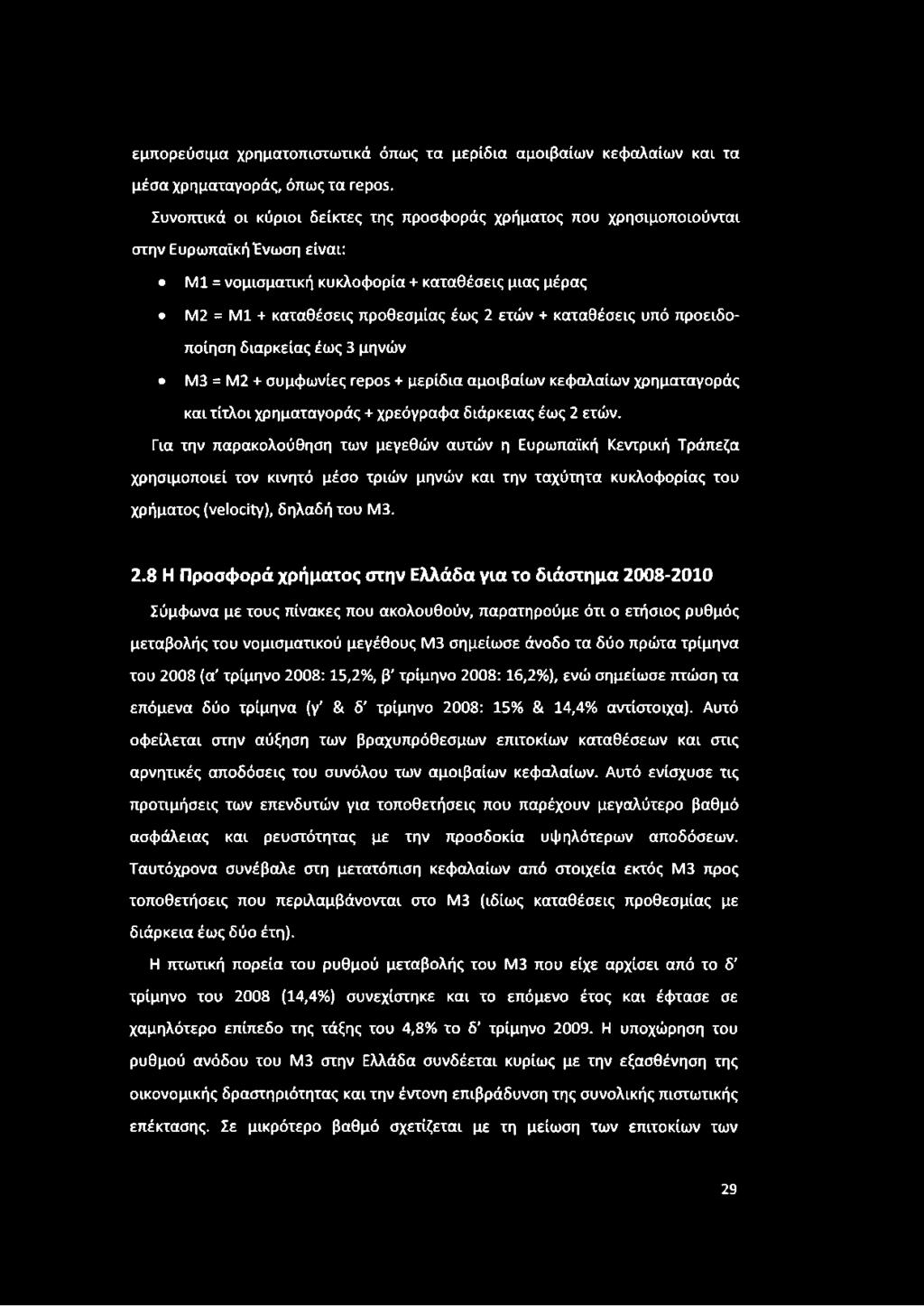 καταθέσεις υπό προειδοποίηση διάρκειας έως 3 μηνών M3 = M2 + συμφωνίες repos + μερίδια αμοιβαίων κεφαλαίων χρηματαγοράς και τίτλοι χρηματαγοράς + χρεόγραφα διάρκειας έως 2 ετών.