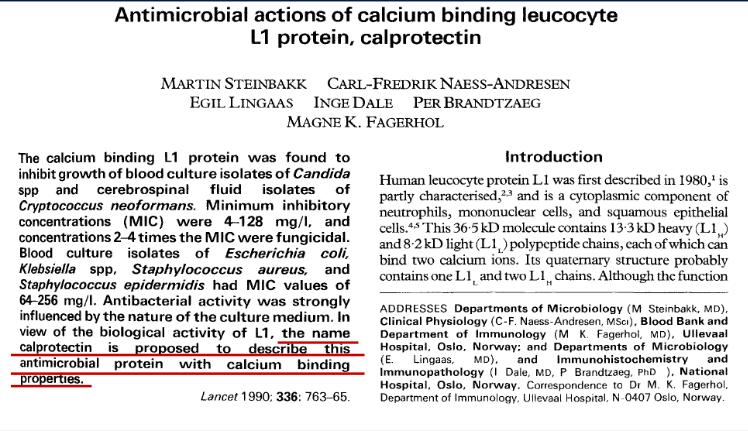 Καλπροτεκτίνη κοπράνων-ιστορική αναδρομή 1980: αναγνώριση και μέτρηση των πρωτεϊνών που απελευθερώνονται από λευκοκύτταρα 1990: ονομασία