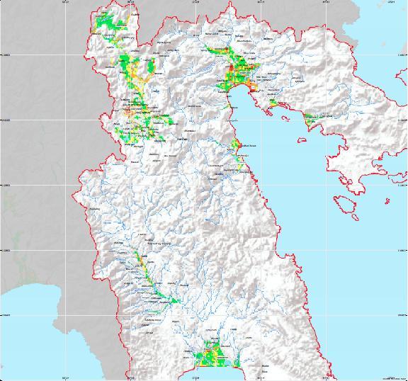 Εικόνα 4-1: Συνολική Χωρική ποτίμηση της μέγιστης πιθανής επίπτωσης από την πλημμύρα ποταμών ΥΔ 03 Χάρτες Βαθμού Επιρροής Πλημμύρας Τα αποτελέσματα για το Υδατικό