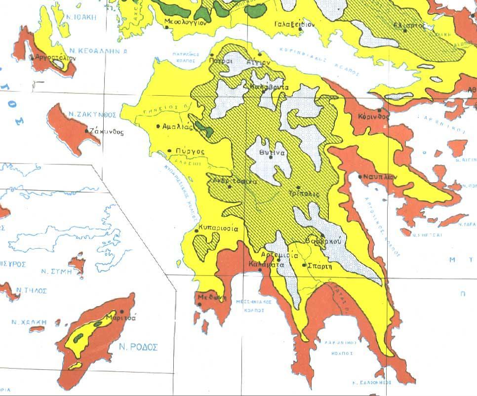 Σχήμα 6-7: πόσπασμα Χάρτη Ζωνών βλάστησης, ΥΔ νατολικής Πελοποννήσου (Μαυρομμάτης, 1980).