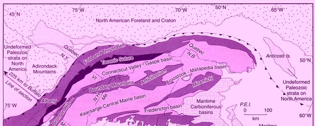 Εικόνα 11.25 Γεωτεκτονικές ενότητες του ορογενετικού συστήµατος των Βόρειων Απαλαχίων.