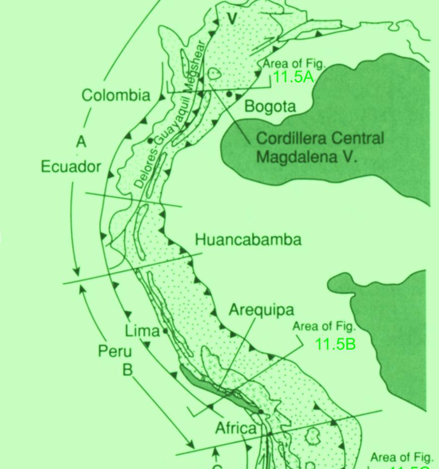 Εικόνα 11.4 Απλοποιηµένος γεωτεκτονικός χάρτης της οροσειράς των Άνδεων, όπου παρουσιάζονται οι κύριες τεκτονικές δοµές. Σηµειώνεται και η θέση των τοµών της Εικ. 11.5.
