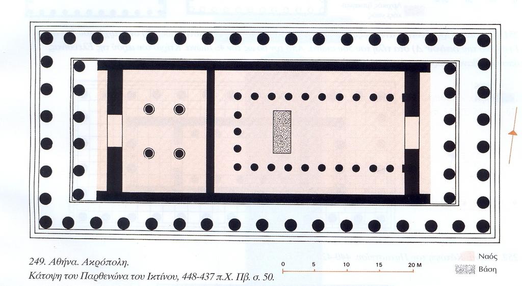 30.88m*69.51m Παρθενώνας. Κάτοψη Ικτίνου, 8*17, 1:2,25 (1: 2,32 στον ναό Διός στην Ολυμπία, 1:2,65 στον ναό της Αφαίας) 448 437 π.χ.