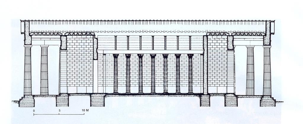 στέγη και τοιχοποιία /επιχρίσματα Τα αρχιτεκτονικά σχέδια οφείλονται στον γνωστό γλύπτη Σκόπα. ξύλινος ναός 7 ου αιώνα νέος τον 4 ο αιώνα Τεγέα. Ναός της Αλέας Αθηνάς. Κατα μήκος τομή.