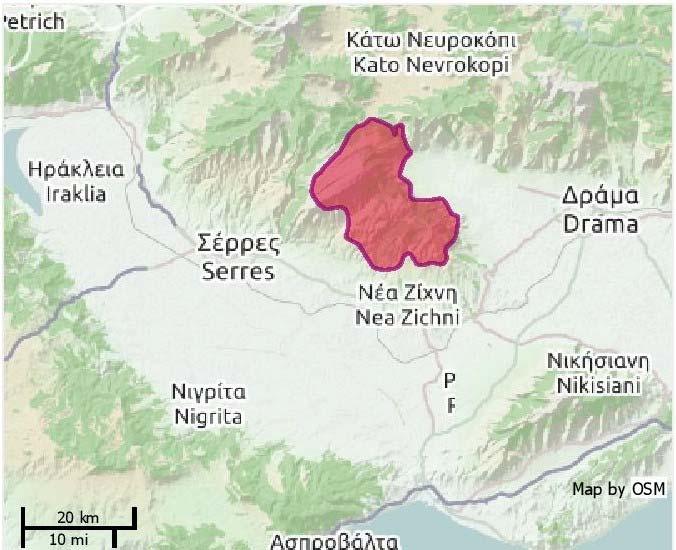 Εικ.32 Κορυφές όρους Μενοίκιο Όρος Κούσκουρας [5] Περιγραφή : Το όρος Μενοίκιο εκτείνεται σε ΒΔ ΝΑ κατεύθυνση. Από γεωλογική άποψη ανήκει στην κρυσταλλική μάζα της Ροδόπης.