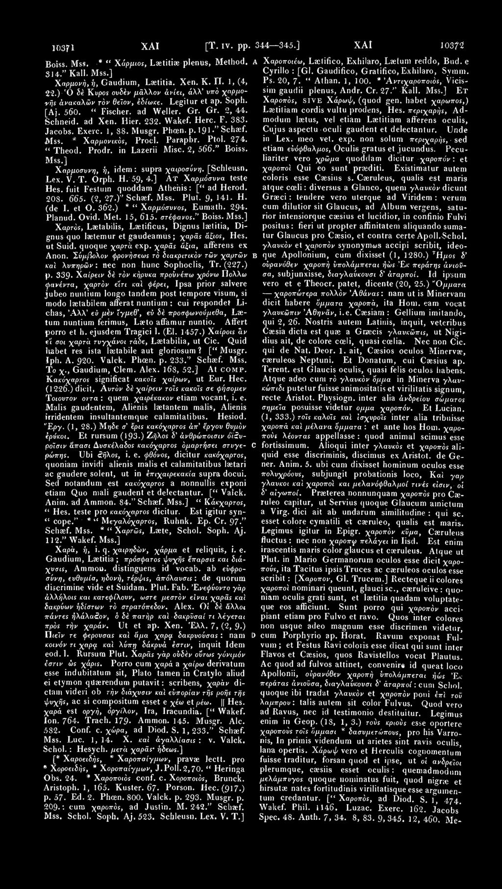 103F1 ΧΑΙ [Τ. IV. pp. 344 345.] ΧΑΙ 10375! Boiss. Mss. * " Χάρμιος, Laetitiae plenus, Method. Α Χαροποιέω, Laslifico, Exhilaro, Laelum reddo, Bud. e Si4-." Kail. Mss.] Cyrillo : [Gl.