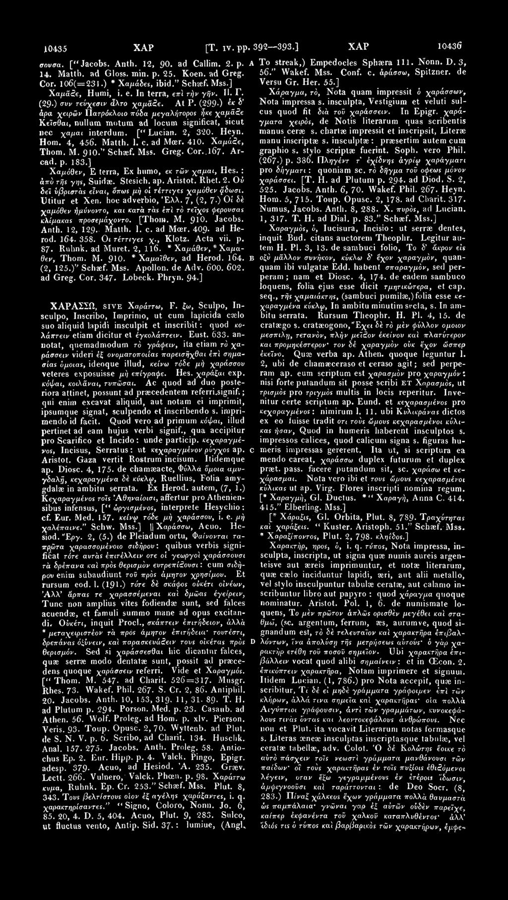 10435 ΧΑΡ [Τ. IV. pp. 392 393.] ΧΑΡ 10436 σονσα, ["Jacobs. Anth. 12, 90. ad Callim. 2. p. 14. Matth. ad Gloss, min. p. 25. Koen. ad Greg. Cor. 106(=231.) * Χαμάδες, ibid." Schaef. Mss.