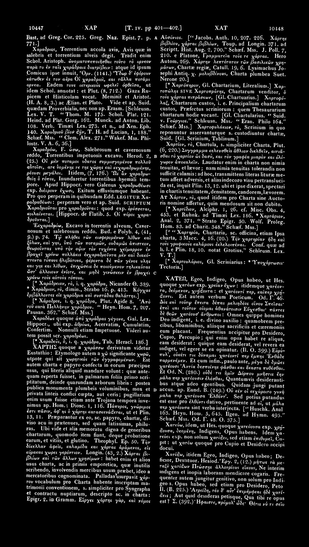 10447 ΧΑΡ [Τ. ϊν. ρρ 401 402.] ΧΑΤ 10448 Bast, ad Greg. Cor. 225. Greg. Naz. Epist. 7. p. 771 ] XapabpiQs, Torrentium accola avis, Avis quae in salebris et torrentium alveis degit. Tradit enim Schol.