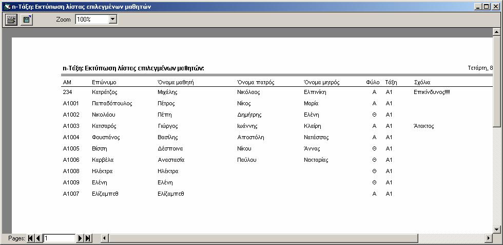 Παράδειγμα οθόνης εκτύπωσης μαθητών Όλες οι παραπάνω δυνατότητες μπορούν να ενεργοποιηθούν εναλλακτικά από το μενού