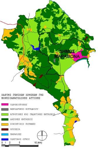 ΧΡΗΣΕΙΣ ΓΗΣ ΣΤΗΝ ΕΥΡΥΤΕΡΗ ΠΕΡΙΟΧΗ ΤΗΣ ΒΟΡΕΙΟΑΝΑΤΟΛΙΚΗΣ ΑΤΤΙΚΗΣ Η περιοχή αυτή παρουσιάζει πολλές εκτάσεις όπου δεν παρατηρείται οικοδομική δραστηριότητα, πράγμα που οφείλεται στους ορεινούς όγκους