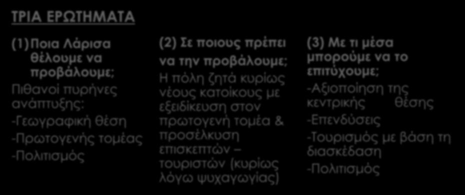 ΣΥΝΔΥΑΣΤΙΚΗ ΑΝΑΛΥΣΗ ΤΡΙΑ ΕΡΩΤΗΜΑΤΑ (1)Ποια Λάρισα θέλουμε να προβάλουμε; Πιθανοί πυρήνες ανάπτυξης: -Γεωγραφική θέση -Πρωτογενής τομέας -Πολιτισμός (2) Σε ποιους πρέπει να την προβάλουμε; Η πόλη ζητά