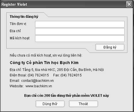 1.2.3. Đăng kí bản quyền hoặc dùng thử Sau khi cài đặt, trong lần chạy đầu tiên, Violet sẽ hiện ra cửa sổ đăng ký như hình dưới đây.