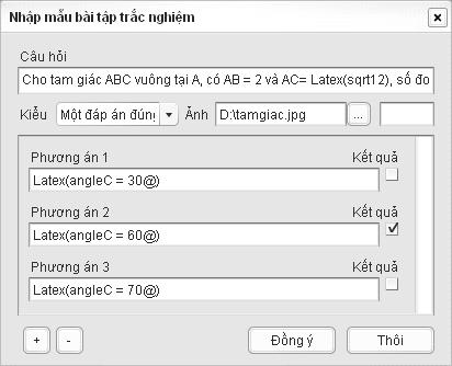 Chú ý: Trong bài tập trắc nghiệm và bài tập kéo thả chữ, ta có thể gõ các công thức giống như trong phần nhập văn bản bình thường, với mẫu LATEX(...).