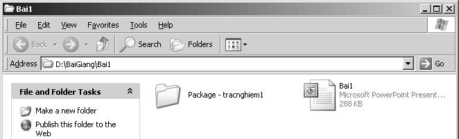 Ví dụ, Violet đóng gói ra D:\BaiGiang\Bai1\Packagetracnghiem1 thì file PPT sẽ được đặt vào D:\BaiGiang\Bai1 như hình dưới đây.