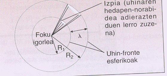 Biak zatituz: I 1 /I = A 1 /A = r /r 1 I = kte/r Intentsitatea distantziaren karratuarekiko alderantziz proportzionala da.