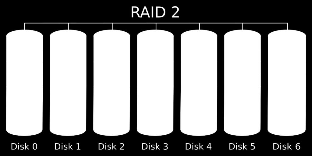 RAID2 استفاده از کدهای تصحيح خطا کدها بر روی بيت های متناظر در هر دیسک داده محاسبه شده و بيت های این کد در بيت های متناظر بر