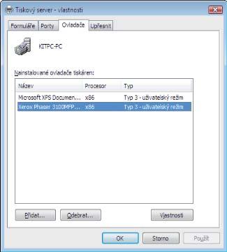 2 Vymažte ikonu XEROX PHASER 3100MFP. 3 V okne TLAČIARNE klepnite na ikonu pravým tlačidlom myši a vyberte SPUSTIŤ AKO ADMINISTRÁTOR > VLASTNOSTI SERVERA. 4 Vyberte záložku OVLÁDAČE.