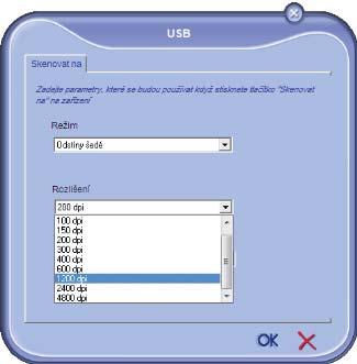 2 Z rozba ovacej ponuky vyberte požadovaný REŽIM skenovania. 3 Z rozba ovacej ponuky vyberte požadované ROZLÍŠENIE skenovania. 4 Nové parametre potvrdíte klepnutím na OK.