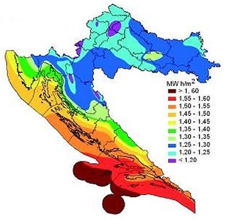 5.2. KARTA SREDNJE GODIŠNJE OZRAČENOSTI SUNCEM VODORAVNE PLOHE U HRVATSKOJ OSIJEK PREMA KLIMATSKIM PODACIMA GRAD OSIJEK IMA PROSJEČNO GODIŠNJE OKO 1900