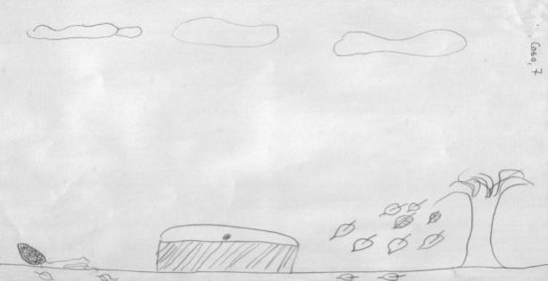 536 цртежима седмогодишњака доминира емоција. На Цртежу 2, који припада девојчици од седам година, као што можемо видети, налази се гроб, иза гроба је дрво са кога пада лишће.