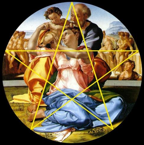 Δ)Η ΑΓΙΑ ΟΙΚΟΓΕΝΕΙΑ-MICHELANGELO Η Αγία Οικογένεια ή αλλιώς Doni Tondo, όπου Tondo ονομάζεται η τεχνική που ζωγραφίζει ο καλλιτέχνης σ ένα κύκλο, εξού κι η κυκλική μορφή του πίνακα.