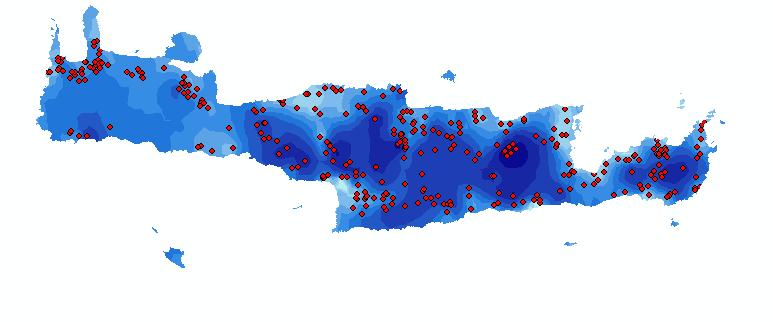 Χάρτης 18: Σχηματική απεικόνιση της Κρήτης όπου εμφανίζεται η χωρική κατανομή του μέσου όρου των υπόγειων νερών για την υγρή