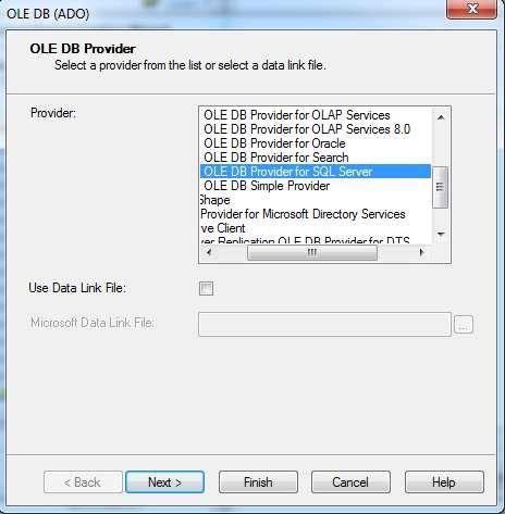 3.11.4 Γεκηνπξγία παξαδείγκαηνο αλαθνξάο ζην Crystal Reports Αξρηθά δηαιέγνπκε ηνλ ηξφπν ζχλδεζεο κε ηελ πεγή δεδνκέλσλ. ηελ πεξίπησζή καο ζα είλαη ν OLE DB Provider for SQL Server.