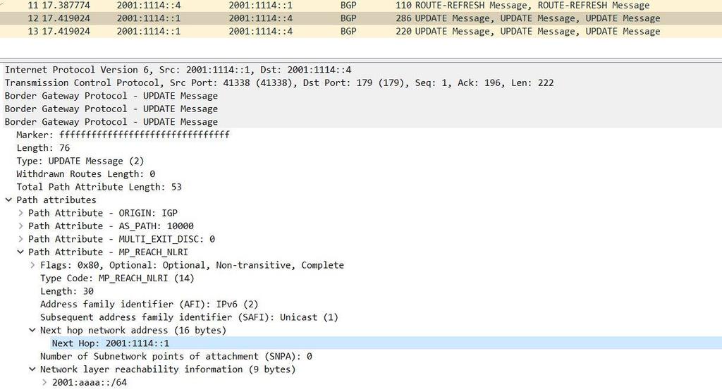 Εικόνα 38 - Στιγμιότυπο από το Wireshark, IPv6 over IPv6, για το Update που στέλνει ο R1 Τέλος, επιβεβαιώνουμε την ορθή λειτουργία του εργαστηρίου βλέποντας στον router R1 το BGP table και τους