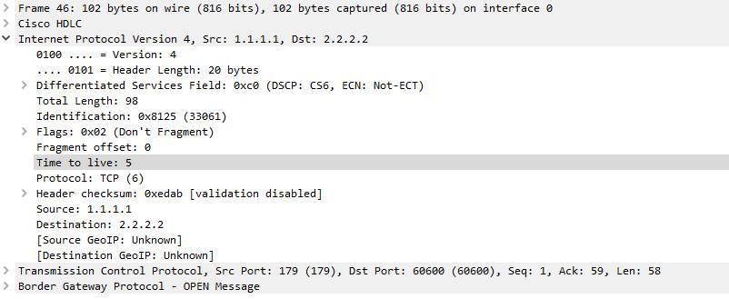 Εικόνα 13 - Το πεδίο Time to live στο Wireshark Το Next-hop attribute Είδαμε πως για να συναφθεί μια γειτονία θα πρέπει να μπορεί να φτάσει ένας router στον γείτονα του, να υπάρχει δηλαδή στο routing