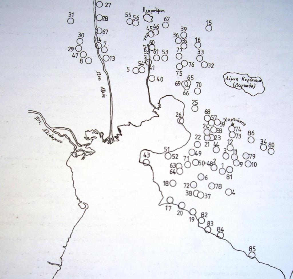 Χάρτης 3 Αρχαίες θέσεις στο μυχό του Θερμαϊκού κόλπου και την κοντινή ενδοχώρα 1)Τράπεζες στο Αγίασμα Αγίας Παρασκευής, 2) Τούμπα Αγγελάκη Αγίας Παρασκευής, 3) Τούμπα Λουτρών Θέρμης, 4) Λόφος Αγίου