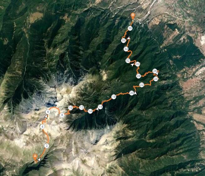 4. Δασική θέση «Ορλιας» (Εξωκλήσι Αγίου Κωνσταντίνου) 38,8 χλμ Νερό πηγής Απόσταση 40.730 km Total Ascent/Descent 2199 m / 3904 m Χαμηλότερο σημείο 5 m (at 44.